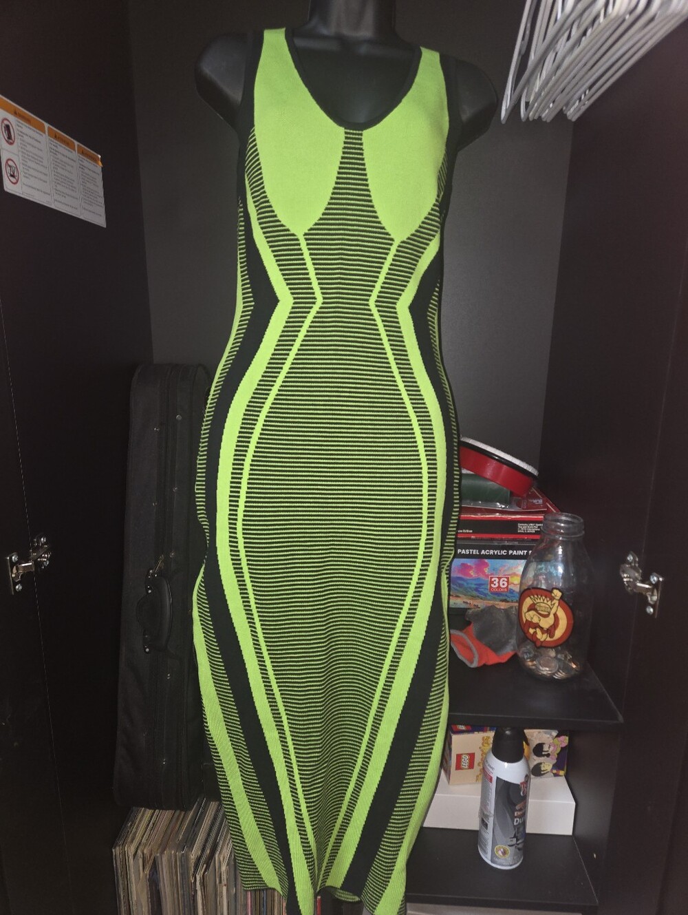 Fashion Nova Neon Lime Green Black Geometric Bodycon Knit Midi Dress Medium